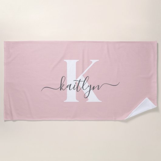 Elegantes Blush Pink Gray Script Monogram Strandtuch (Vorderseite)