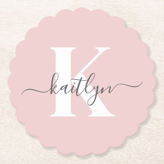 Elegantes Blush Pink Gray Script Monogram Untersetzer (Vorderseite)