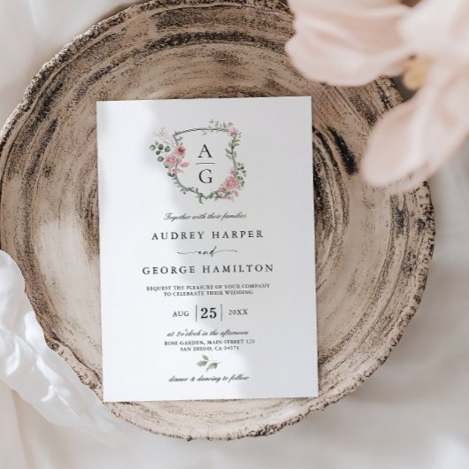 Elegantes Blush Pink Monogram Wappen Wedding Einladung