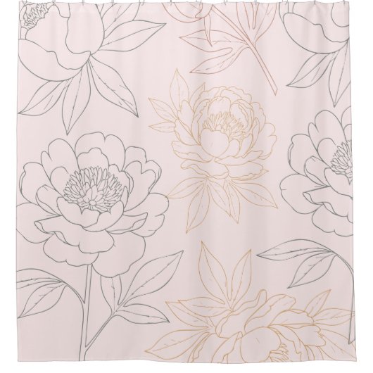 Elegantes Blush Pink und Gold Peony Floral Muster Duschvorhang (Vorderseite)