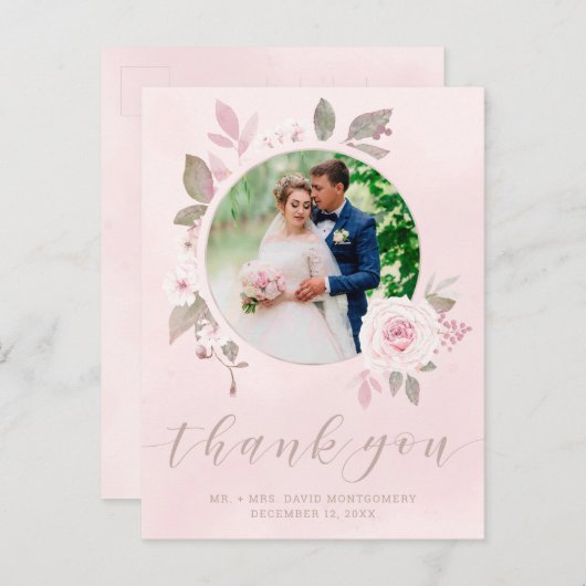 Elegantes Blush Rose Floral Wedding Foto Vielen Da Postkarte (Vorne/Hinten)