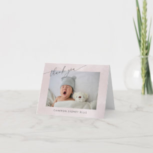 Elegantes Blush-Script Baby-Geburt Zwei-Foto-Faltk Dankeskarte