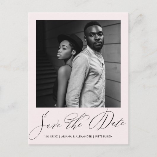 Elegantes Blush-Script-Foto Hochzeit Speichern Sie Postkarte (Vorderseite)