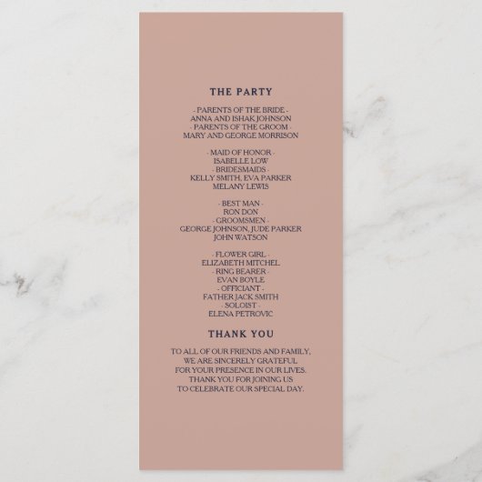 Elegantes Blush und Navy Blue Script Hochzeitsprog Programm (Rückseite)