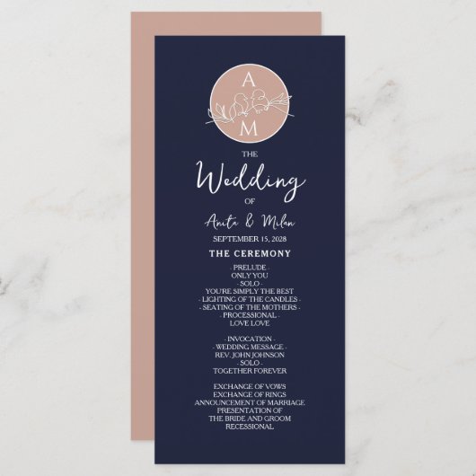 Elegantes Blush und Navy Blue Script Hochzeitsprog Programm (Vorne/Hinten)