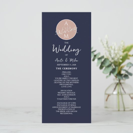 Elegantes Blush und Navy Blue Script Hochzeitsprog Programm (Stehend Vorderseite)