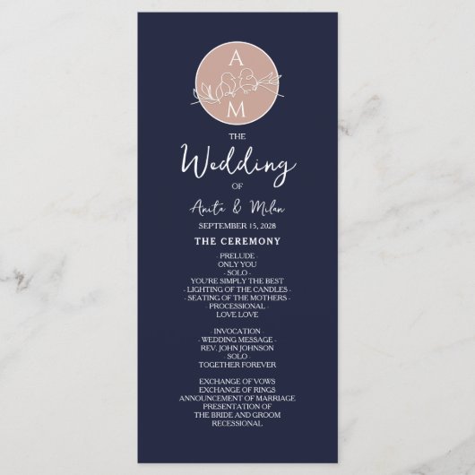Elegantes Blush und Navy Blue Script Hochzeitsprog Programm (Vorderseite)
