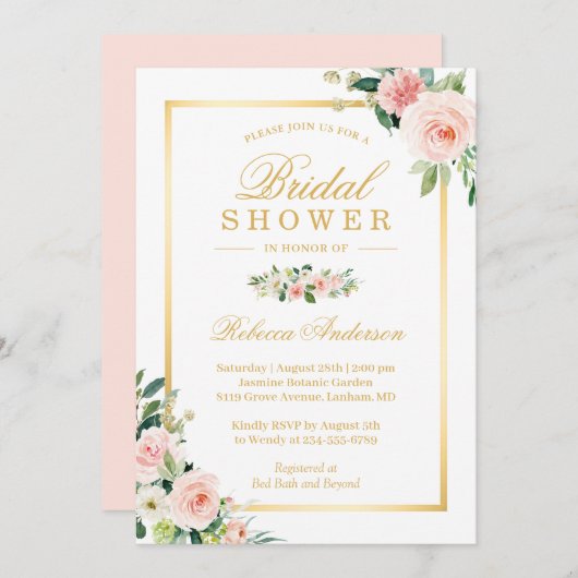 Elegantes Blushing Pink Floral Gold Brautparty Einladung (Vorne/Hinten)