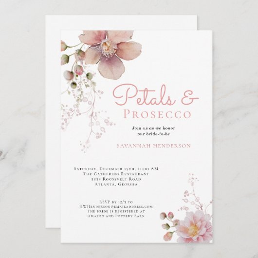 Elegantes Blütenblättern und Prosecco-Brautparty Einladung (Vorne/Hinten)