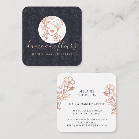 Elegantes Blütenschwarzes Logo Quadratische Visitenkarte (Vorne/Hinten)
