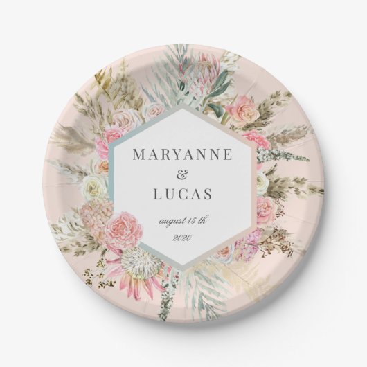 Elegantes Bohemisch Floral Monogramm Pappteller (Vorderseite)