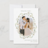 Elegantes Bohemisches Greenery Floral Wedding Foto Dankeskarte (Vorderseite)