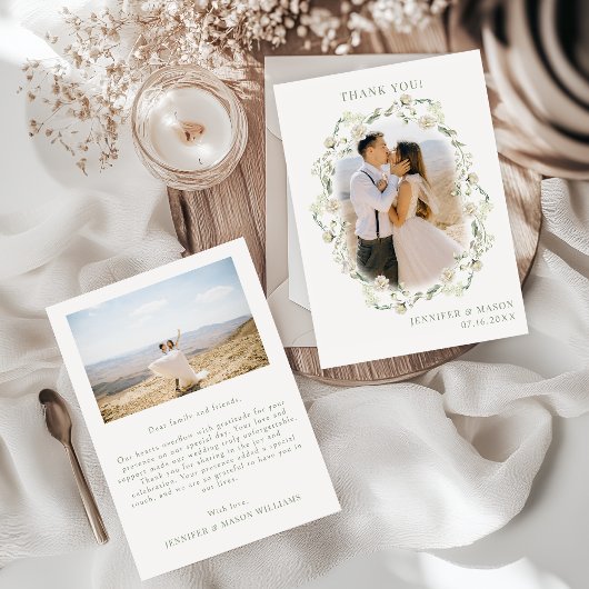 Elegantes Bohemisches Greenery Floral Wedding Foto Dankeskarte