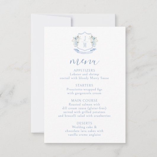 Elegantes Bohemisches Hochzeitsmenü mit hellblauer RSVP Karte (Vorderseite)