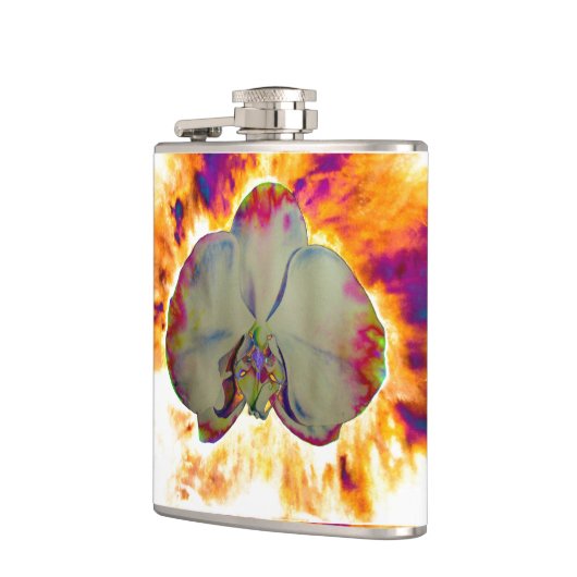 Elegantes boho abstraktes Orchideengemälde Flachmann (Links)