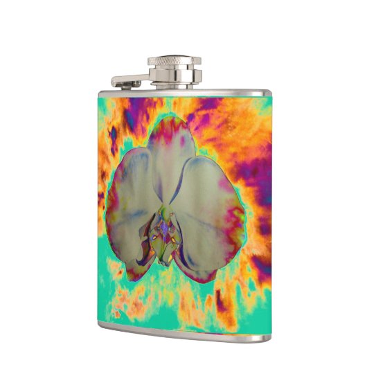 Elegantes boho abstraktes Orchideengemälde Flachmann (Links)