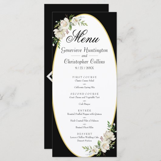 Elegantes Boho Black Floral Wedding Menu Programm (Vorne/Hinten)