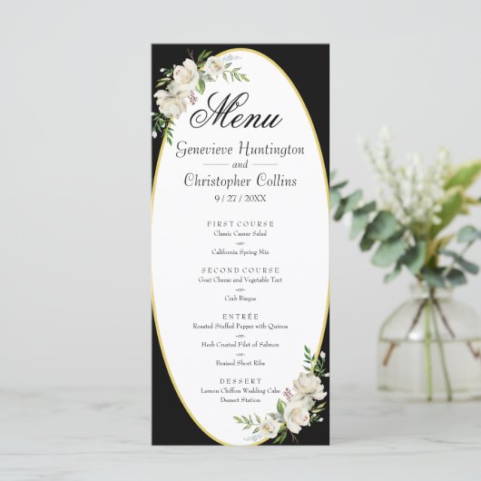 Elegantes Boho Black Floral Wedding Menu Programm (Stehend Vorderseite)