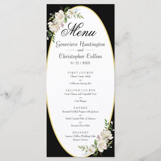 Elegantes Boho Black Floral Wedding Menu Programm (Vorderseite)