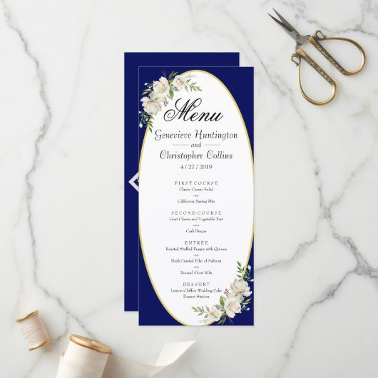 Elegantes Boho Blue Floral Wedding Reception Menü Programm (Vorderseite/Rückseite Beispiel)