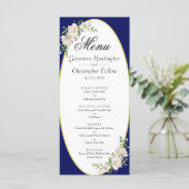 Elegantes Boho Blue Floral Wedding Reception Menü Programm (Stehend Vorderseite)