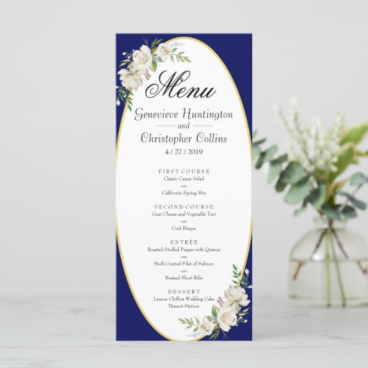 Elegantes Boho Blue Floral Wedding Reception Menü Programm (Stehend Vorderseite)