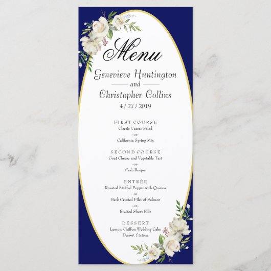 Elegantes Boho Blue Floral Wedding Reception Menü Programm (Vorderseite)
