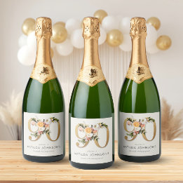 Elegantes Boho-Blumen-Goldfolie 90. Geburtstag Schaumweinetikett