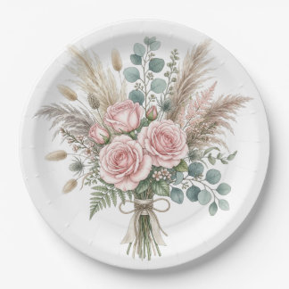 Elegantes Boho-Blumenbouquet Roséfarbenes Kissen Pappteller