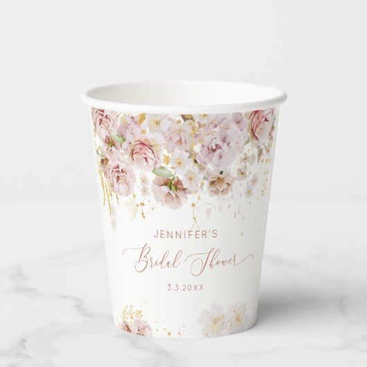 Elegantes boho blumengeschmücktes Brautparty Pappbecher (Rückseite)