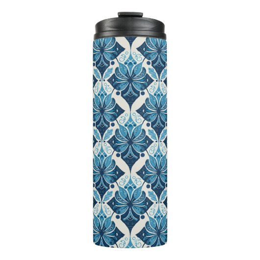 Elegantes Boho Blumenmuster in Blau Thermosbecher (Vorderseite)