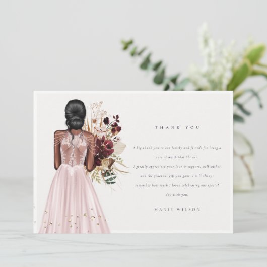 Elegantes Boho Blush Wedding Gown Brautparty Dankeskarte (Stehend Vorderseite)