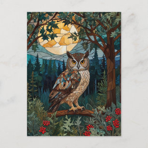Elegantes Boho-Buntglas-Eule-Wald-Waldlandschaft Postkarte