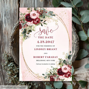 Elegantes Boho-Burgund-Rosa-Gold-Blumen-Save Date Einladung