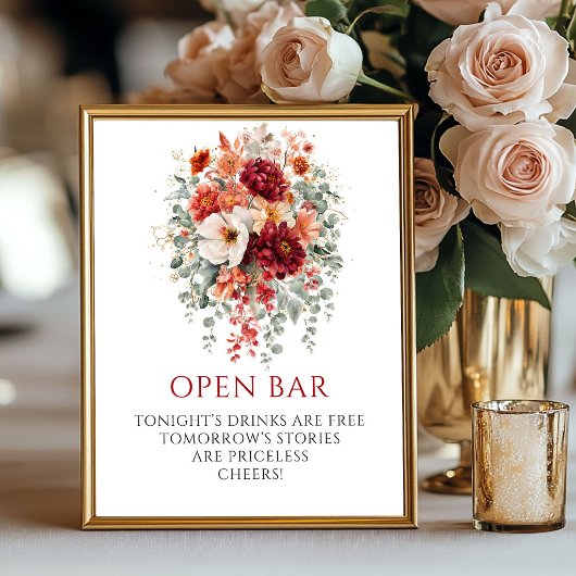 Elegantes Boho-Burgunder-Blumen-Open-Bar-8x10-Schi Poster
