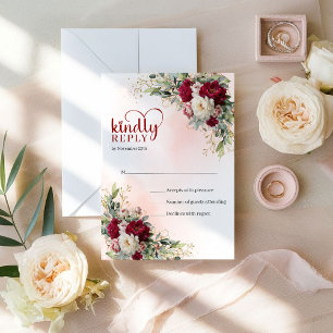 Elegantes Boho Burgunderweiß Florales Gold Hochzei RSVP Karte