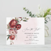 Elegantes Boho Burgundy Blush Foto Save The Date (Stehend Vorderseite)