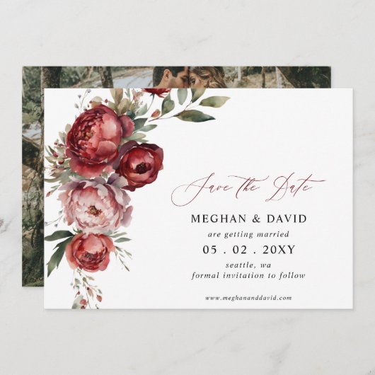 Elegantes Boho Burgundy Blush Foto Save The Date (Vorne/Hinten)