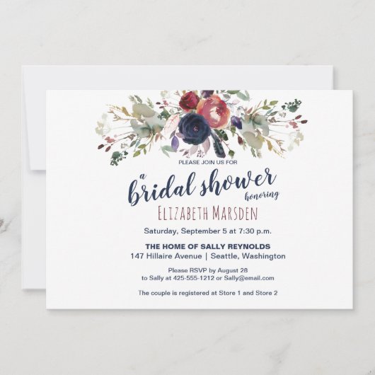 Elegantes Boho Burgundy Navy Brautparty Einladung (Vorderseite)