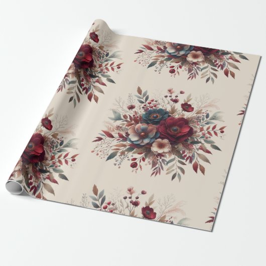 Elegantes Boho Burgundy Rustic Blue and Red Patter Geschenkpapier (Ungerollt)