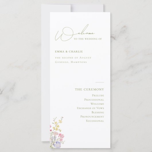 Elegantes Boho-Chic-Wildblumen-Hochzeitsprogramm (Vorderseite)