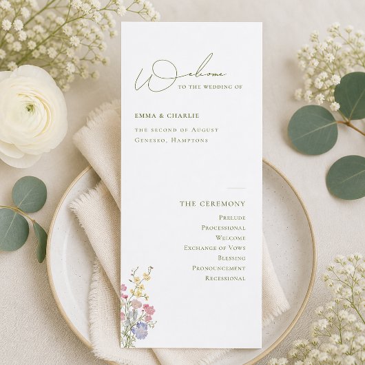 Elegantes Boho-Chic-Wildblumen-Hochzeitsprogramm