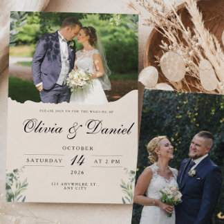 Elegantes Boho Eukalyptusblätter & Foto Hochzeit Einladung
