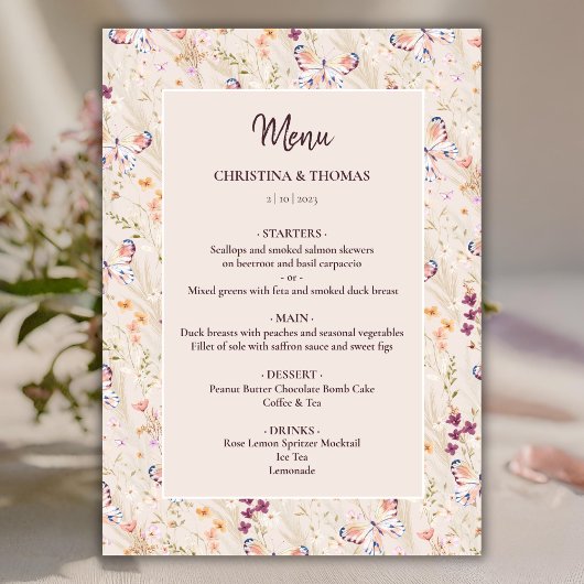 Elegantes Boho Fall Wildblume Wedding Menu Menükarte