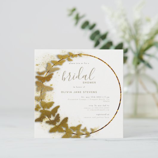 Elegantes Boho Gold Butterfly Wreath Brautparty Einladung (Stehend Vorderseite)
