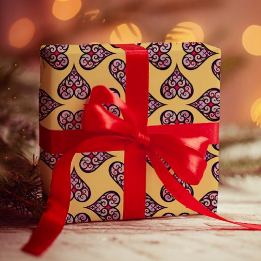 Elegantes Boho Herzmuster dekoratives Gelbes Kunst Geschenkpapier