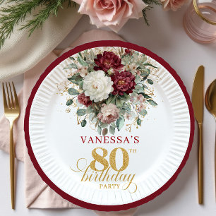 Elegantes Boho Marsala Blumen 80. Geburtstag Papie Pappteller