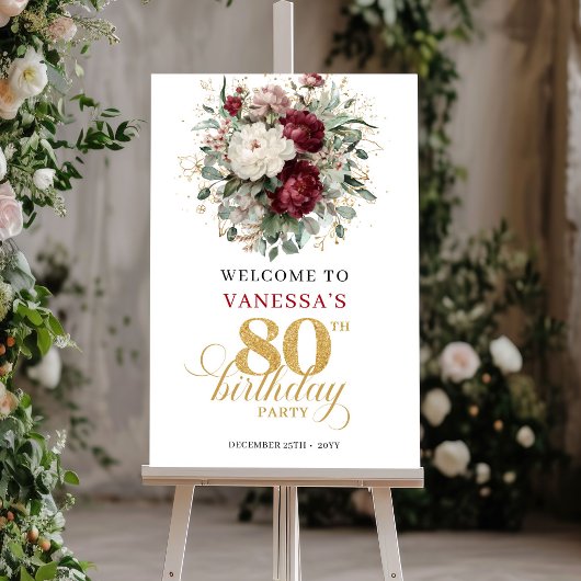 Elegantes Boho-Marsala-Willkommensschild zum 80. G Poster