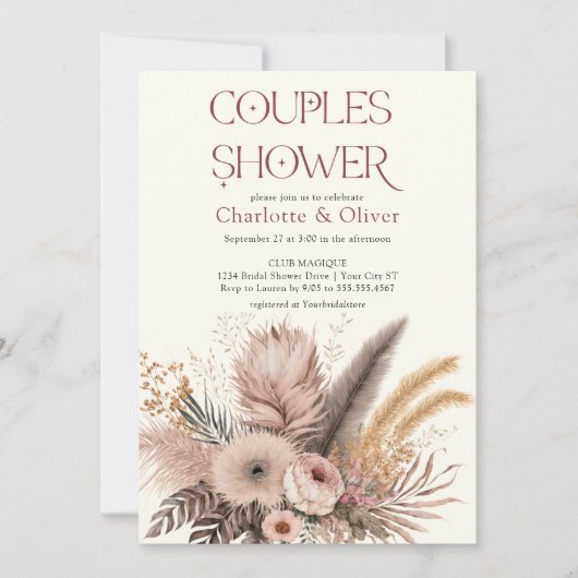 Elegantes Boho Pampas Grass Couples Brautparty Einladung (Vorderseite)