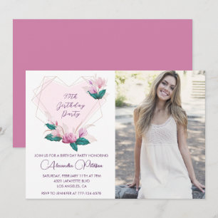 Elegantes Boho-Rosa-Blumen-Foto 39. Geburtstag Einladung